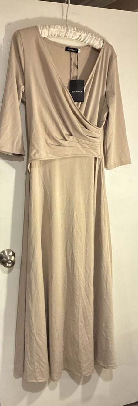 Koandaily Women's Beige 3/4 Sleeve Surplice Wrap Front Maxi Dress Size M